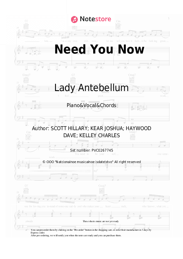 Need You Now - Lady Antebellum Piano Sheet Music with the Vocal and Chords - Piano&Vocal&Chords
