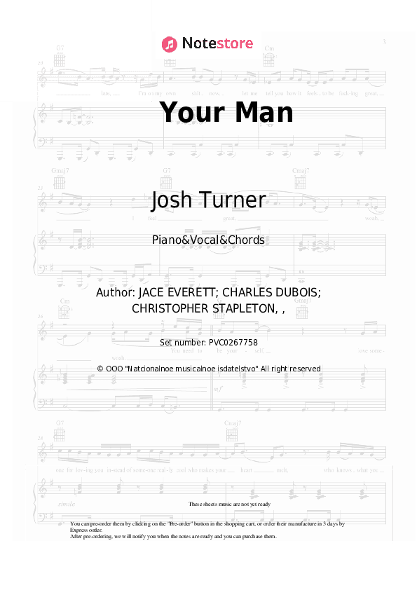 Your Man - Josh Turner Piano Sheet Music with the Vocal and Chords - Piano&Vocal&Chords