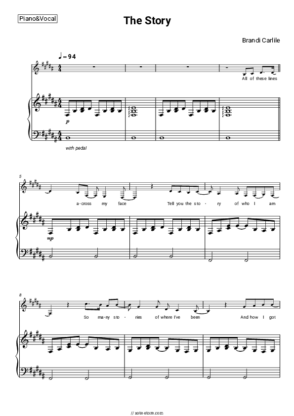 The Story - Brandi Carlile Piano Sheet Music with the Voice part - Piano&Vocal