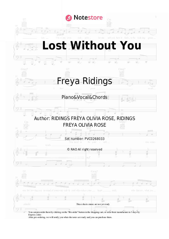 Lost Without You - Freya Ridings Piano Sheet Music with the Vocal and Chords - Piano&Vocal&Chords