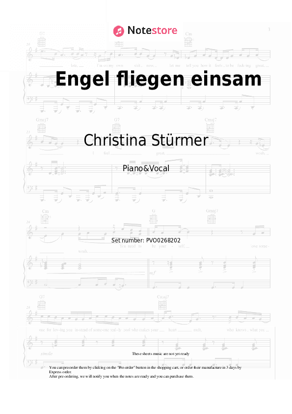 Engel fliegen einsam - Christina Stürmer Piano Sheet Music with the Voice part - Piano&Vocal