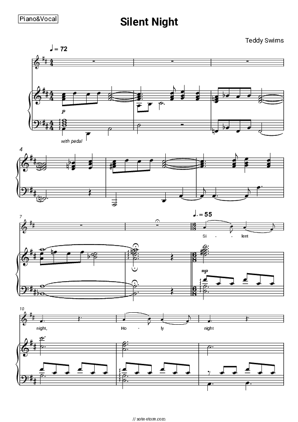 Silent Night - Teddy Swims Piano Sheet Music with the Voice part - Piano&Vocal