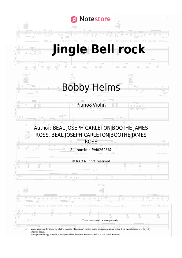 Jingle Bell rock - Bobby Helms, Christmas carol Piano Sheet Music and Violin - Piano&Violin