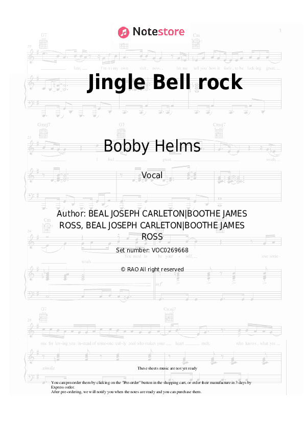 Jingle Bell rock - Bobby Helms, Christmas carol Vocal Sheet Music - Vocal
