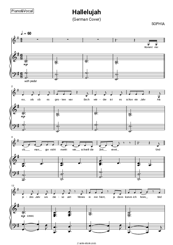 Hallelujah (German Cover) - SOPHIA Piano Sheet Music with the Voice part - Piano&Vocal