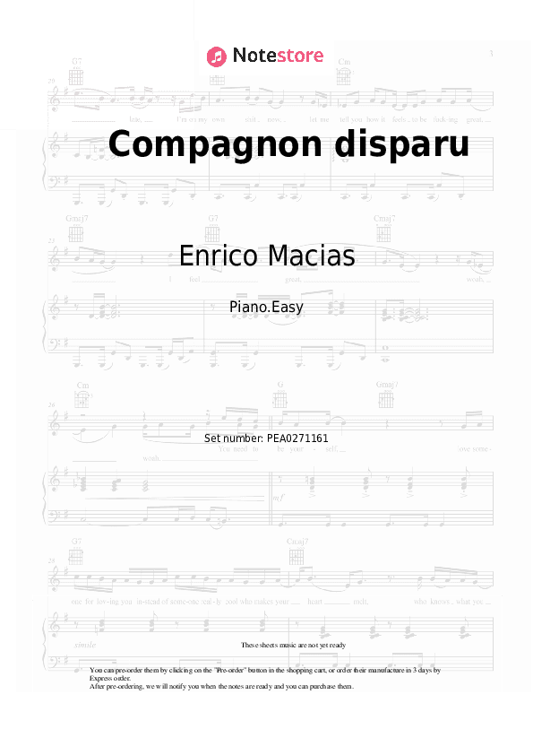 Compagnon disparu - Enrico Macias Piano Sheet Music Easy - Piano.Easy