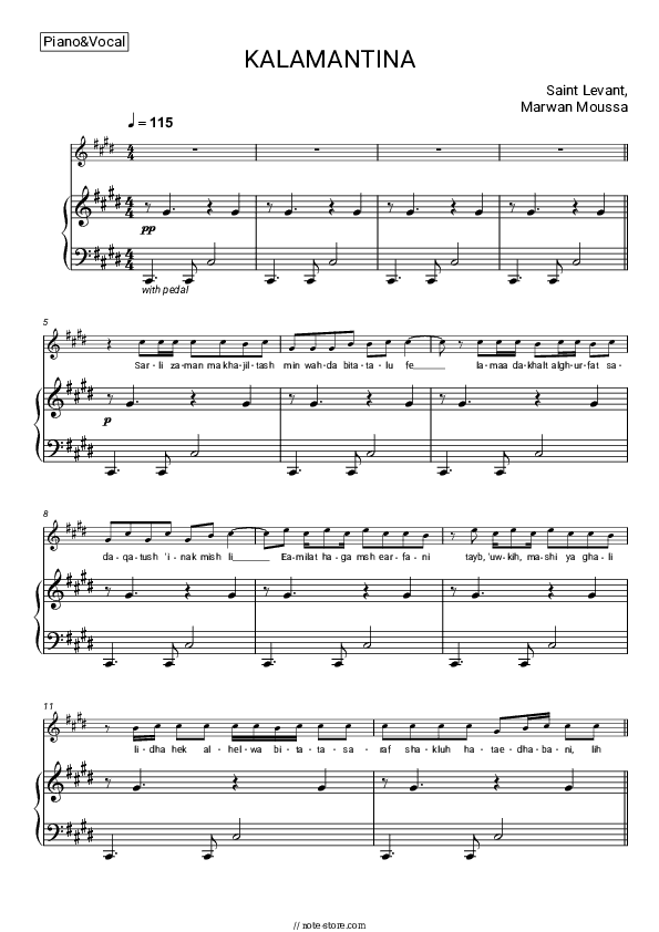 KALAMANTINA - Saint Levant, Marwan Moussa Piano Sheet Music with the Voice part - Piano&Vocal