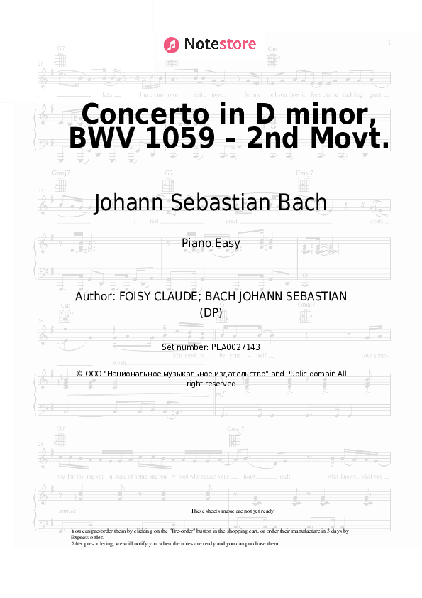 Concerto in D minor, BWV 1059 – 2nd Movt. - Johann Sebastian Bach Piano Sheet Music Easy - Piano.Easy