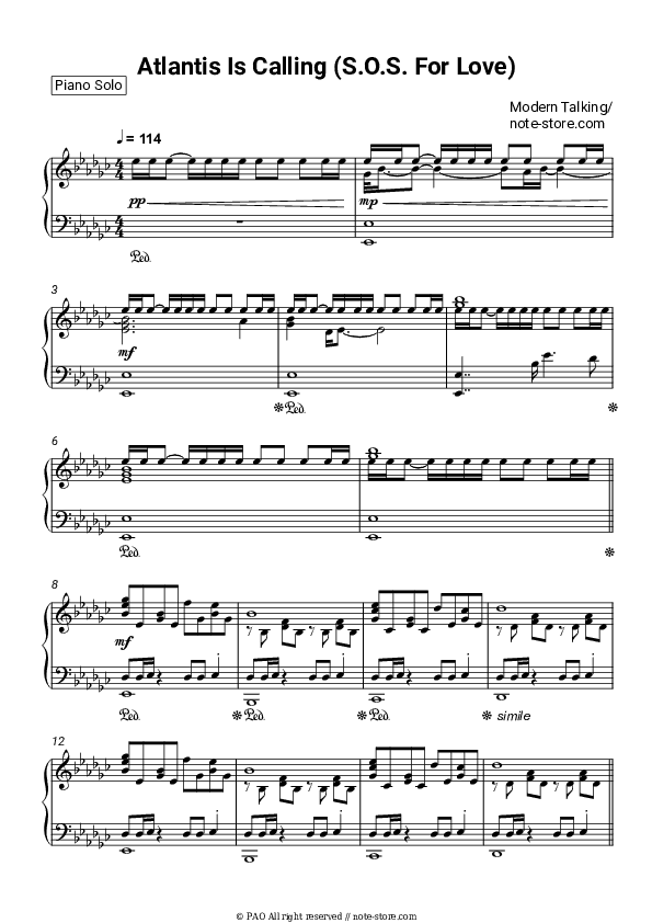 Atlantis Is Calling (S.O.S. For Love) - Modern Talking Piano Sheet Music - Piano.Solo