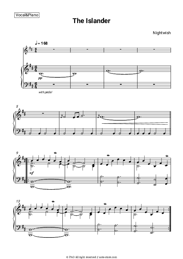 The Islander - Nightwish Piano Sheet Music with the Voice part - Piano&Vocal