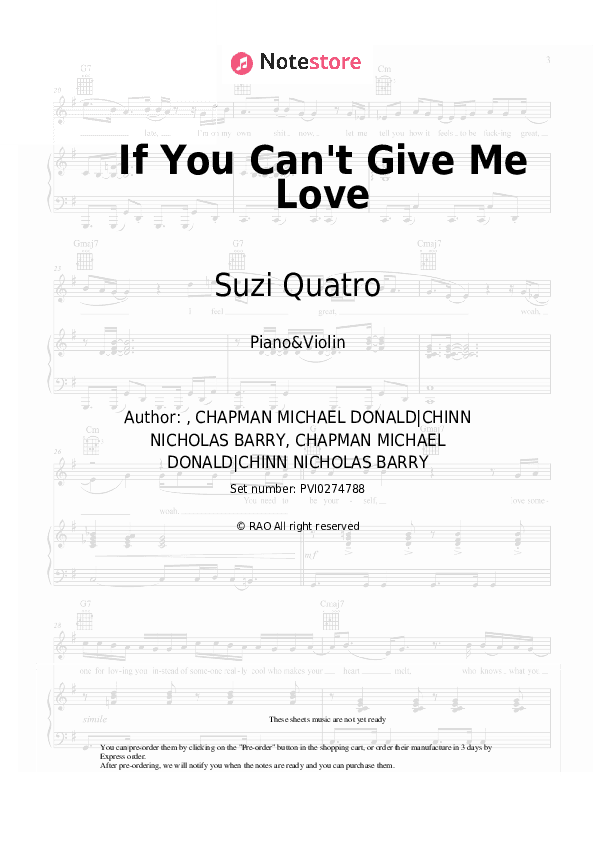 If You Can't Give Me Love - Suzi Quatro Piano Sheet Music and Violin - Piano&Violin