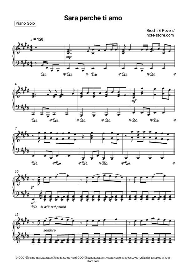 Sara perche ti amo - Ricchi e Poveri Piano Sheet Music - Piano.Solo