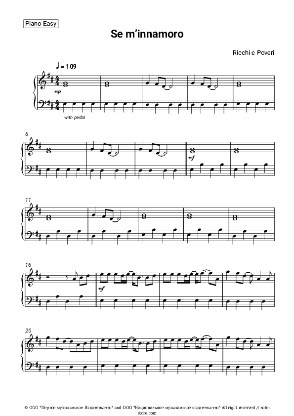 Se m’innamoro - Ricchi e Poveri Piano Sheet Music Easy - Piano.Easy