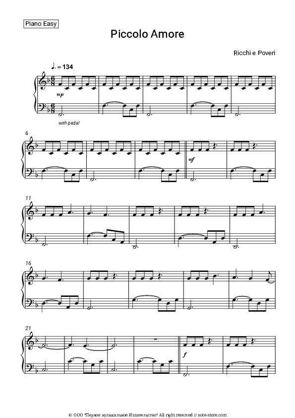 Piccolo Amore - Ricchi e Poveri Piano Sheet Music Easy - Piano.Easy
