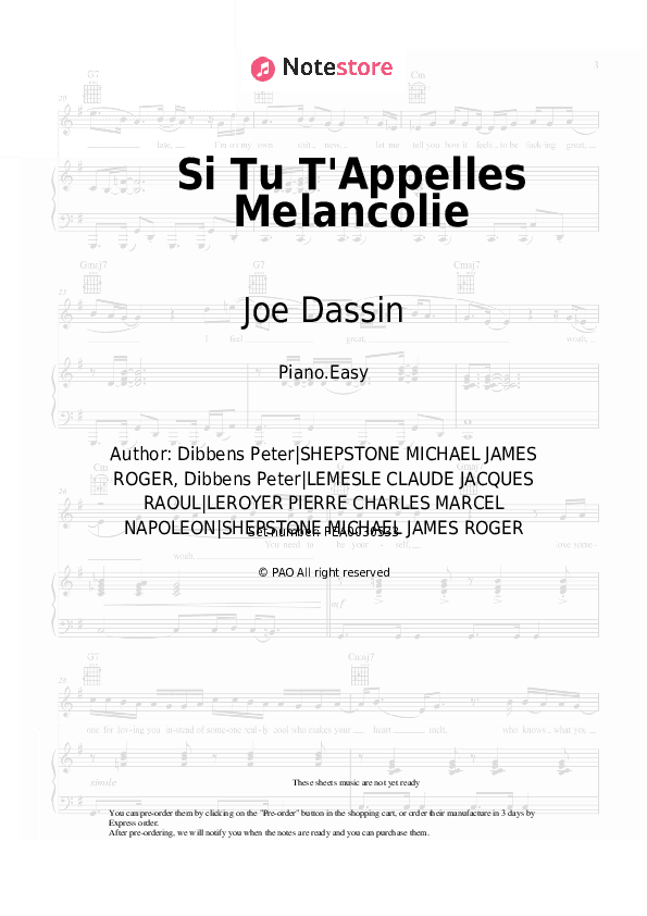 Si Tu T'Appelles Melancolie - Joe Dassin Piano Sheet Music Easy - Piano.Easy