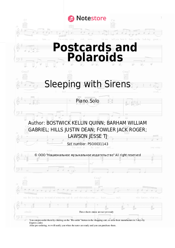 Postcards and Polaroids - Sleeping with Sirens Piano Sheet Music - Piano.Solo