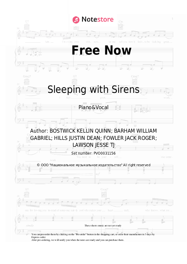 Free Now - Sleeping with Sirens Piano Sheet Music with the Voice part - Piano&Vocal