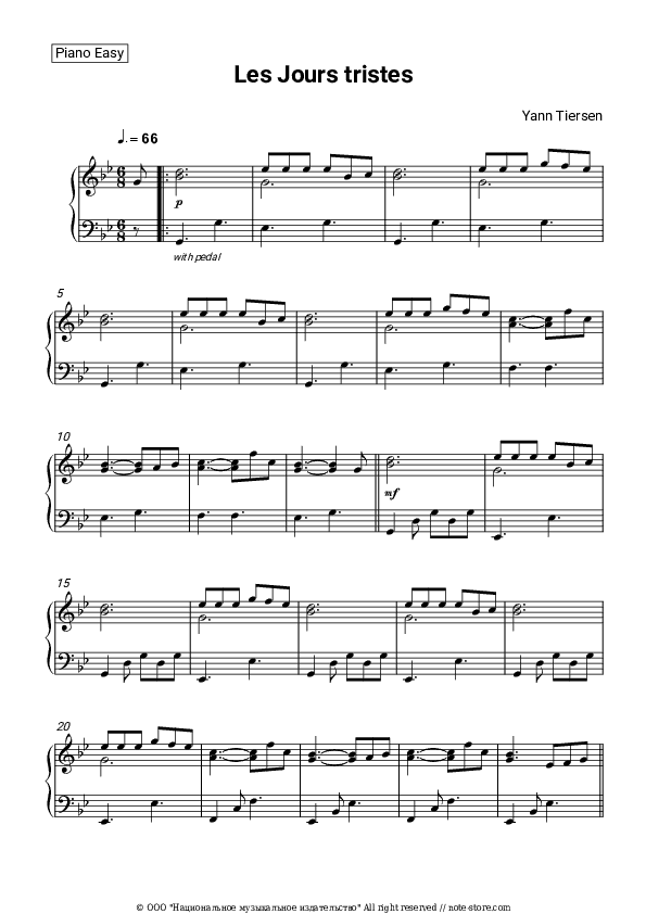 Les Jours tristes - Yann Tiersen Piano Sheet Music Easy - Piano.Easy