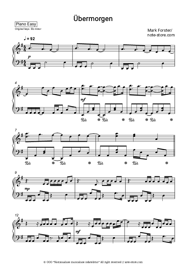 Übermorgen - Mark Forster Piano Sheet Music Easy - Piano.Easy
