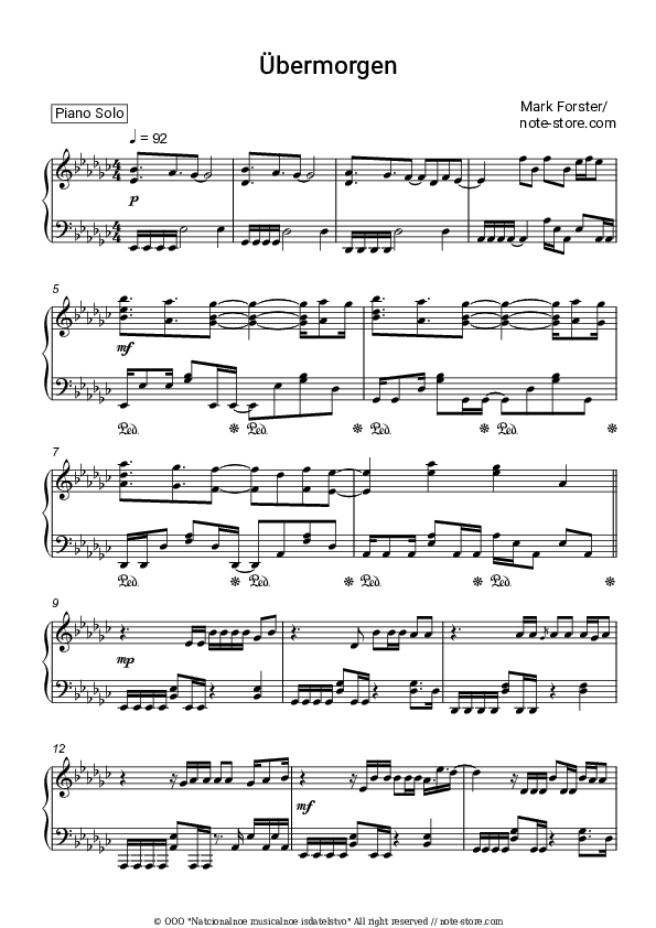 Übermorgen - Mark Forster Piano Sheet Music - Piano.Solo