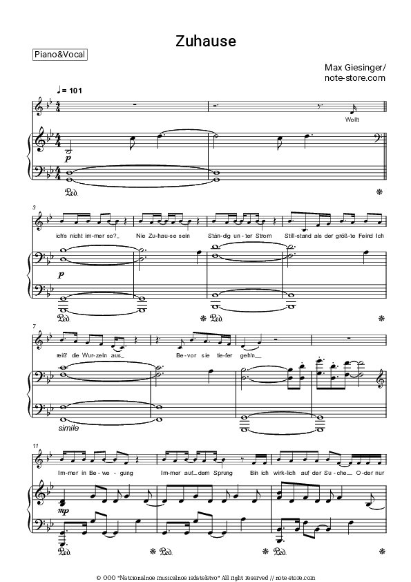 Zuhause - Max Giesinger Piano Sheet Music with the Voice part - Piano&Vocal