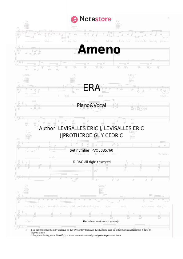 Ameno - ERA Piano Sheet Music with the Voice part - Piano&Vocal