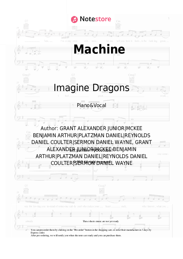 Machine - Imagine Dragons Piano Sheet Music with the Voice part - Piano&Vocal