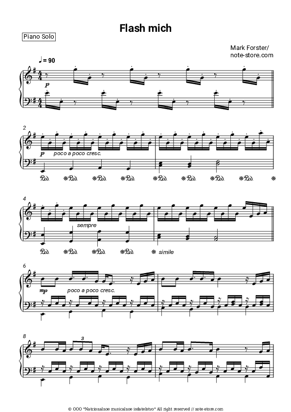 Flash mich - Mark Forster Piano Sheet Music - Piano.Solo