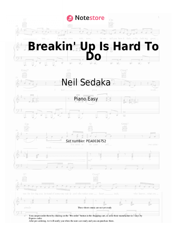 Breakin' Up Is Hard To Do - Neil Sedaka Piano Sheet Music Easy - Piano.Easy