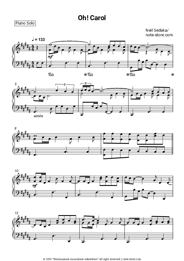Oh Carol - Neil Sedaka Piano Sheet Music - Piano.Solo