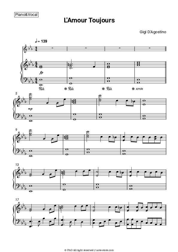 L'Amour Toujours - Gigi D'Agostino Piano Sheet Music with the Voice part - Piano&Vocal