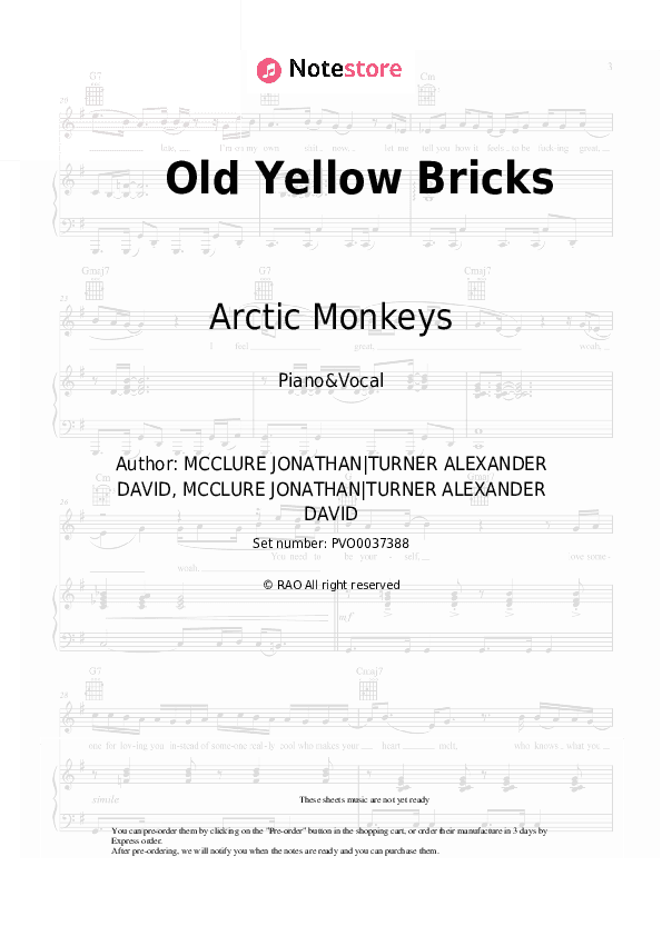 Old Yellow Bricks - Arctic Monkeys Piano Sheet Music with the Voice part - Piano&Vocal