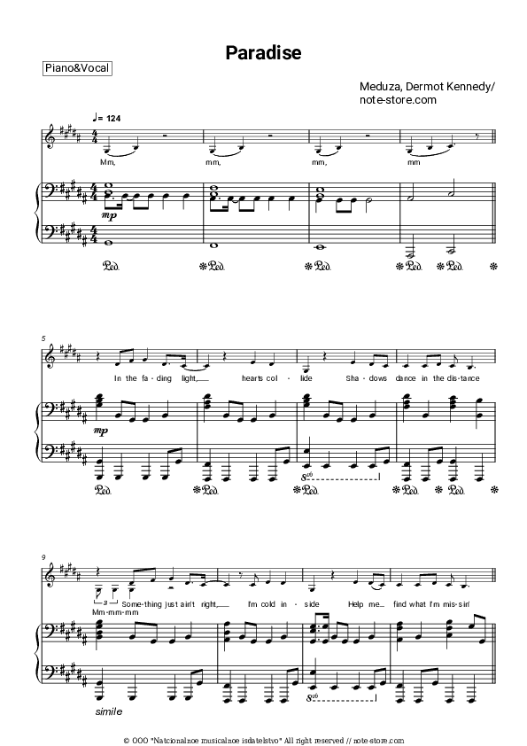 Paradise - Meduza, Dermot Kennedy Piano Sheet Music with the Voice part - Piano&Vocal