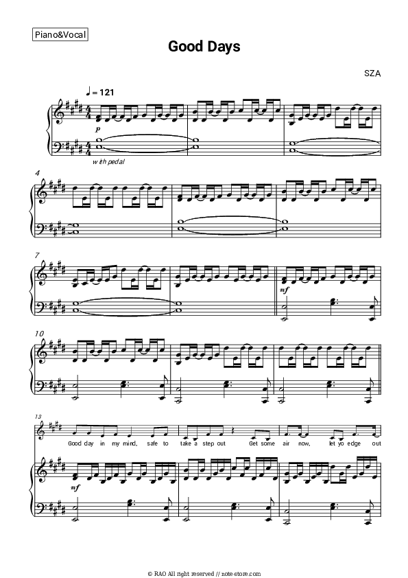 Good Days - SZA Piano Sheet Music with the Voice part - Piano&Vocal