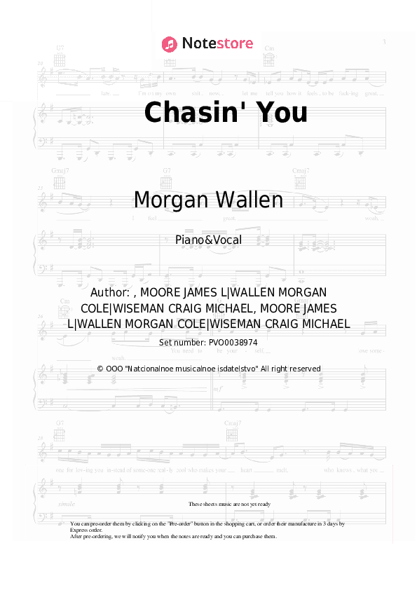 Chasin' You - Morgan Wallen Piano Sheet Music with the Voice part - Piano&Vocal