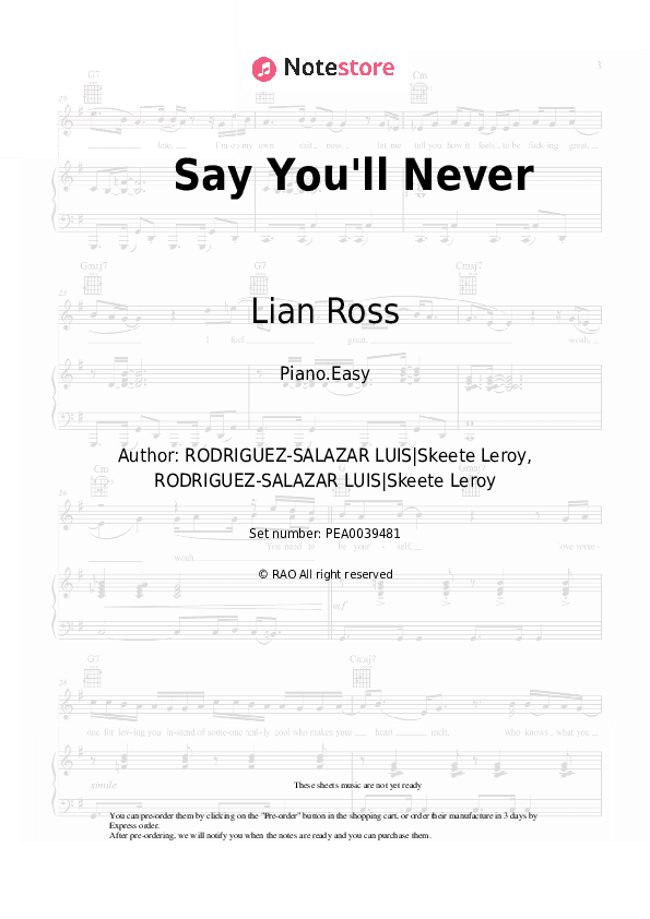 Say You'll Never - Lian Ross Piano Sheet Music Easy - Piano.Easy