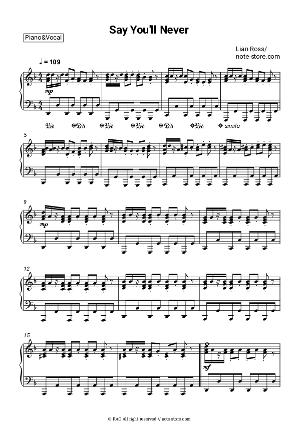 Say You'll Never - Lian Ross Piano Sheet Music with the Voice part - Piano&Vocal