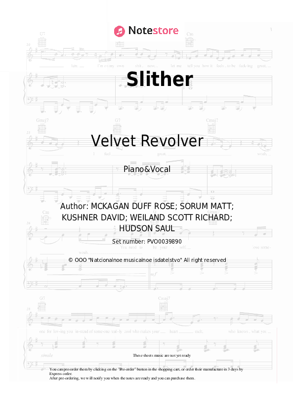 Slither - Velvet Revolver Piano Sheet Music with the Voice part - Piano&Vocal
