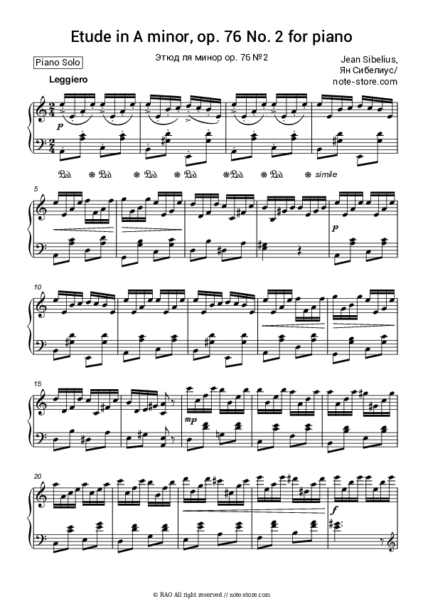 Etude in A minor, op. 76 No. 2 - Jean Sibelius Piano Sheet Music - Piano.Solo