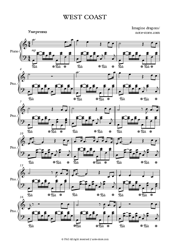 West Coast - Imagine Dragons Piano Sheet Music - Piano.Solo