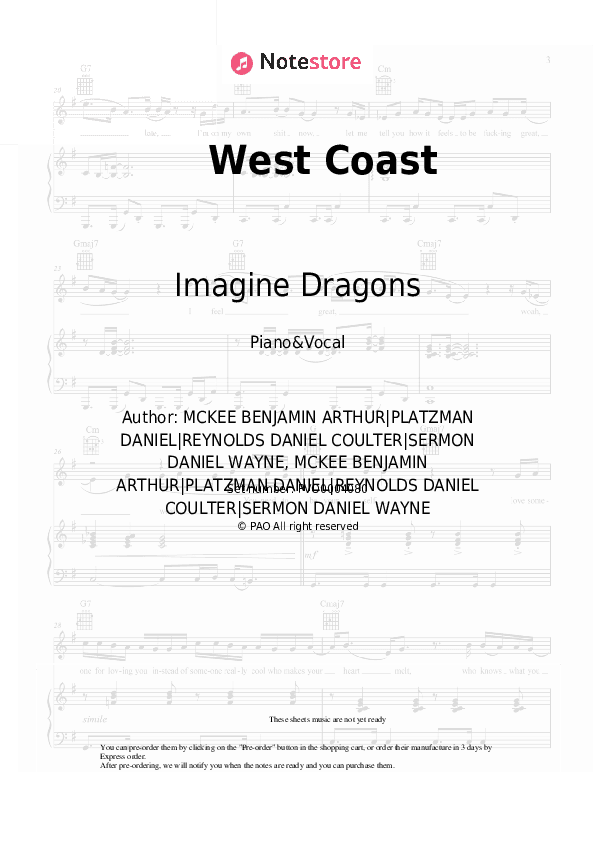 West Coast - Imagine Dragons Piano Sheet Music with the Voice part - Piano&Vocal