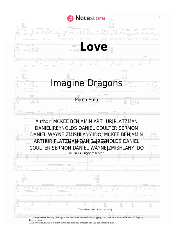 Love - Imagine Dragons Piano Sheet Music - Piano.Solo