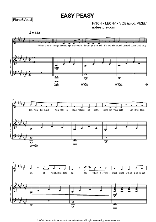 Easy Peasy - FiNCH, Leony, VIZE Piano Sheet Music with the Voice part - Piano&Vocal