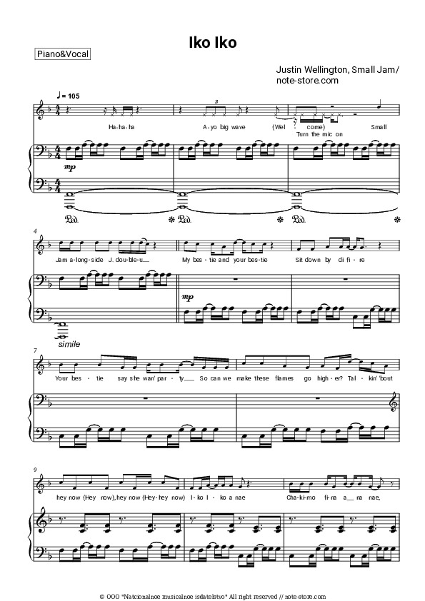 Iko Iko - Justin Wellington, Small Jam Piano Sheet Music with the Voice part - Piano&Vocal