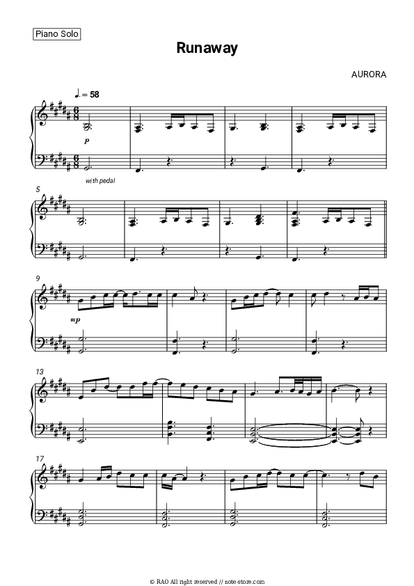 Runaway - AURORA Piano Sheet Music - Piano.Solo