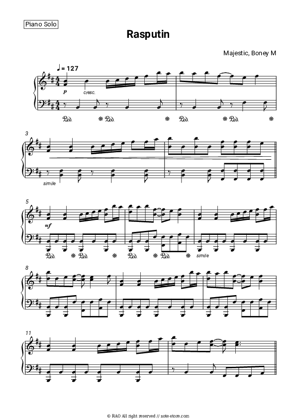 Rasputin - Majestic, Boney M Piano Sheet Music - Piano.Solo