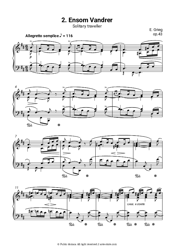 Lyric Pieces, op.43. No. 2 Solitary traveler - Edvard Hagerup Grieg Piano Sheet Music - Piano.Solo