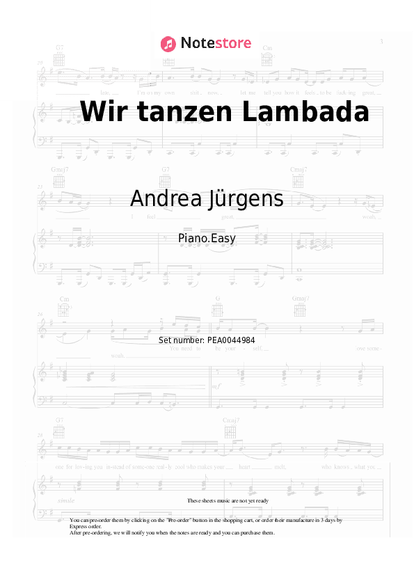 Wir tanzen Lambada - Andrea Jürgens Piano Sheet Music Easy - Piano.Easy