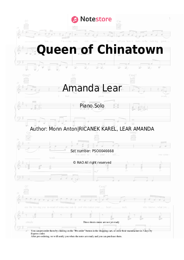 Queen of Chinatown - Amanda Lear Piano Sheet Music - Piano.Solo