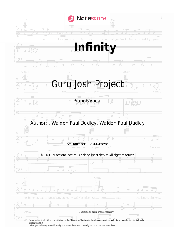 Infinity - Guru Josh Project Piano Sheet Music with the Voice part - Piano&Vocal